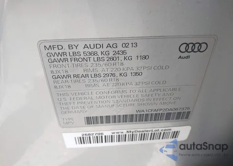 2013 Audi Q5 2.0T Premium из США, поврежденный, VIN WA1CFAFP2DA067375